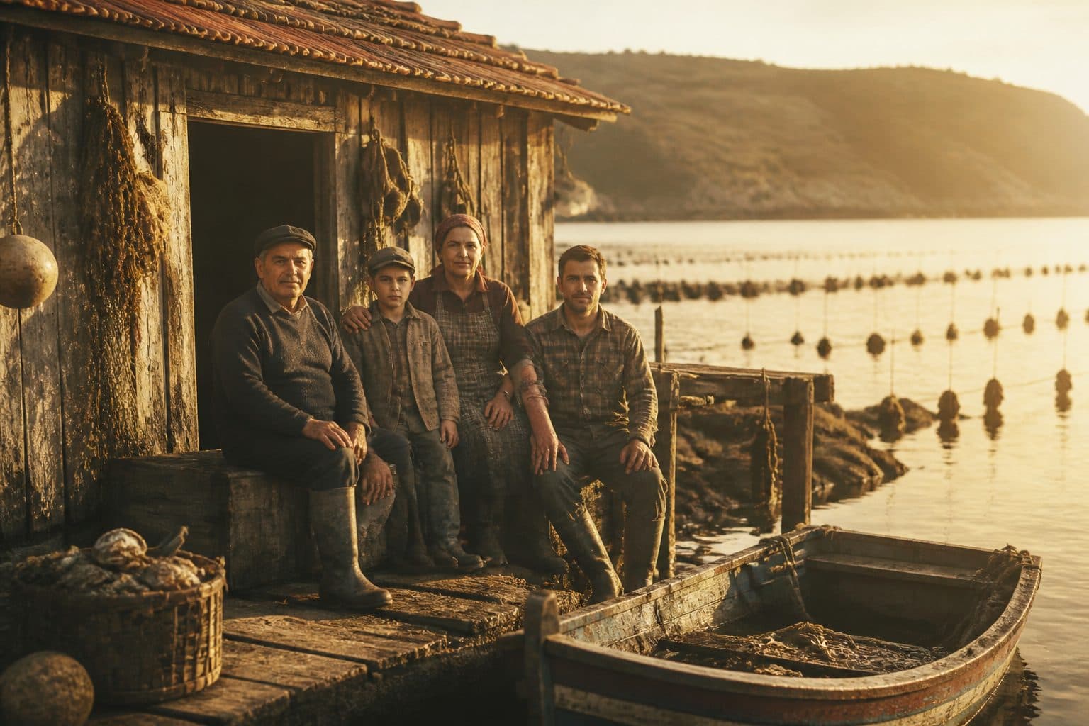 Família de pescadores açorianos à beira-mar