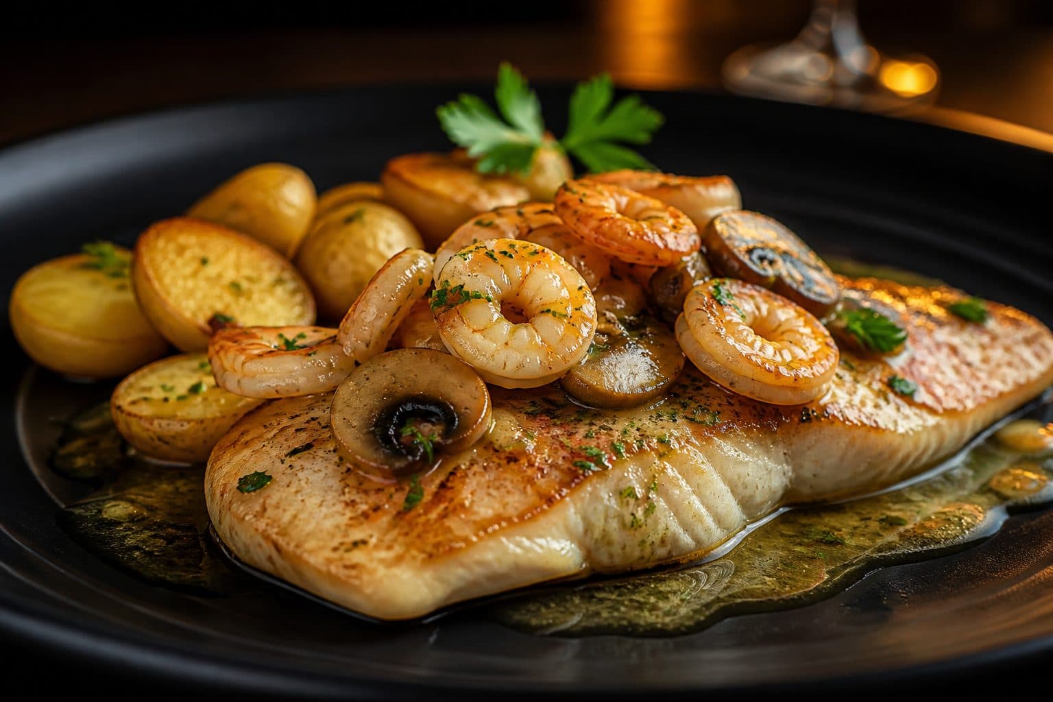 Garoupa com Camarões Grelhados e Champignons