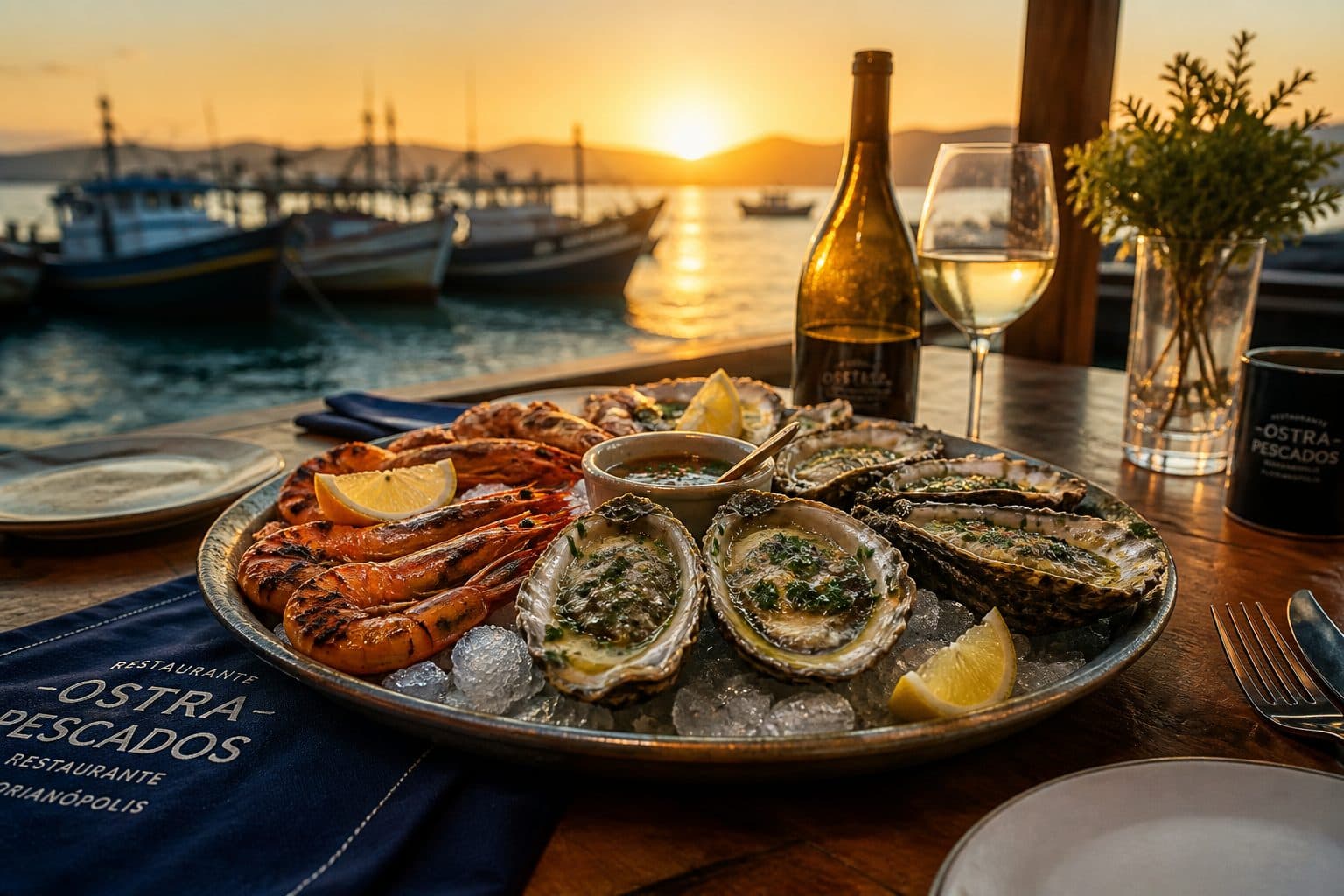 Prato de frutos do mar frescos ao pôr do sol